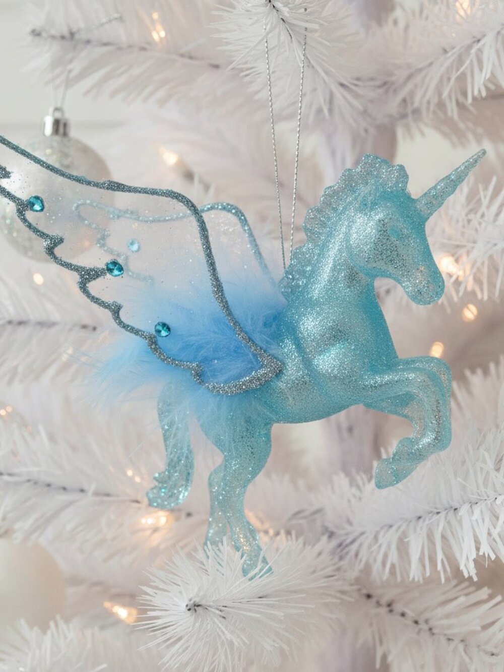 Sparkling Blue Glitter Unicorn with Wings Ornament Shatterproof Christmas Decor